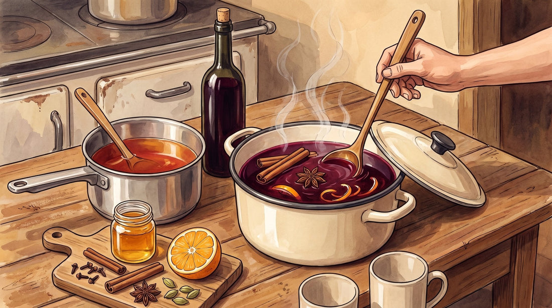 Gouache-Stillleben: Emailletopf mit sanft dampfendem, dunkelrotem Glühwein mit Zimt, Sternanis und Orangenschale, daneben ein zweiter Topf mit hellem Gewürzsaft, ganze Gewürze, Honig und eine Hand mit Schöpfkelle.