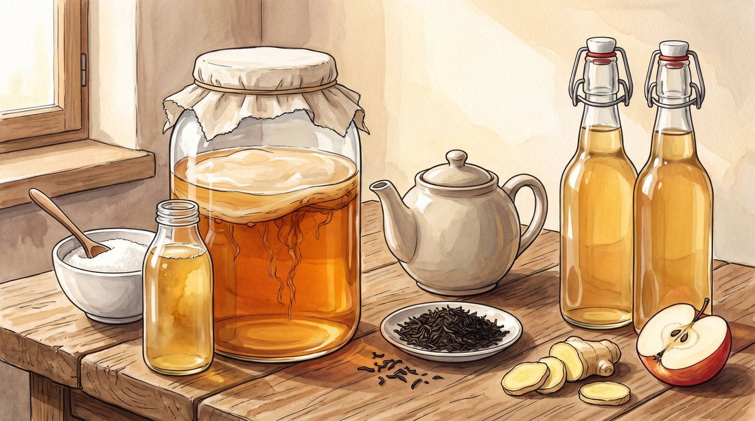 Glas mit Kombucha-Ansatz, Teepilz an der Oberfläche und Baumwolltuch mit Gummiring, daneben Starterfläschchen, Zucker, Teekanne, schwarzer Tee, zwei Bügelflaschen, Ingwerscheiben und ein halber Apfel
