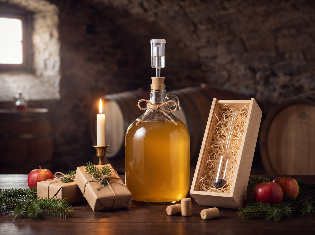 Glasballon mit goldenem Jungwein und Gärröhrchen mit Juteschleife, daneben eine Öchslewaage in einer Holzkiste mit Holzwolle, Geschenke in Packpapier, Äpfel, Tannenzweige und Kerzenlicht im Keller