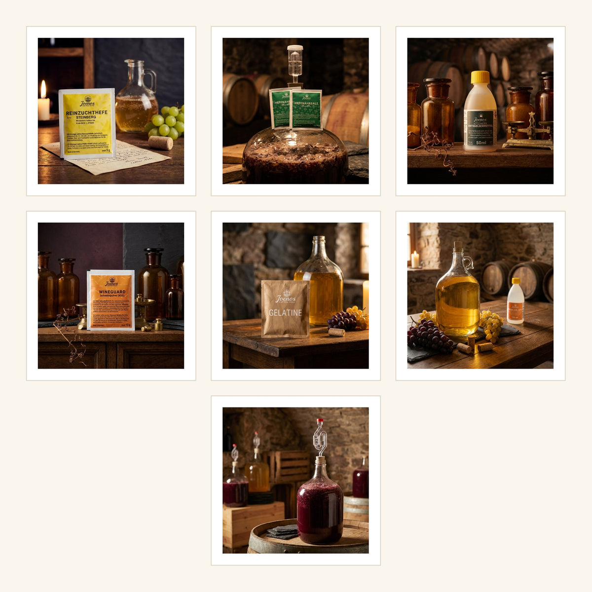 Obst- und Beerenwein-Set: Weinhefe, Hefenährsalz, Antigeliermittel, Schwefelpulver, Gelatine, Kieselsol und Gärröhrchen